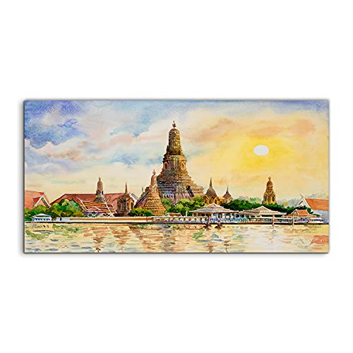 Art mural en verre avec paysage de temple thaïlandais format panoramique