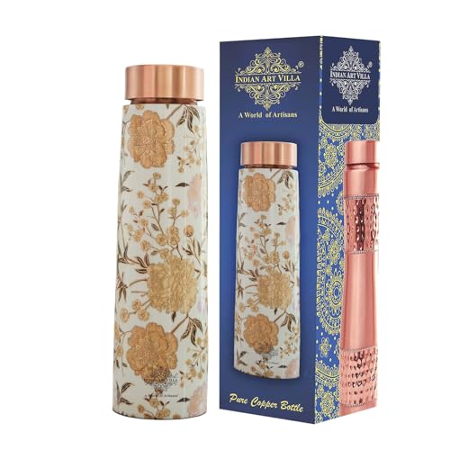 Image of Indian Art Villa Copper Gold Flower Print Bottle - 800 ML, Pure Copper Ayurvedic Water Bottle with Leak-Proof Lid, Ideal for Office, Yoga, Travel, and Gifting