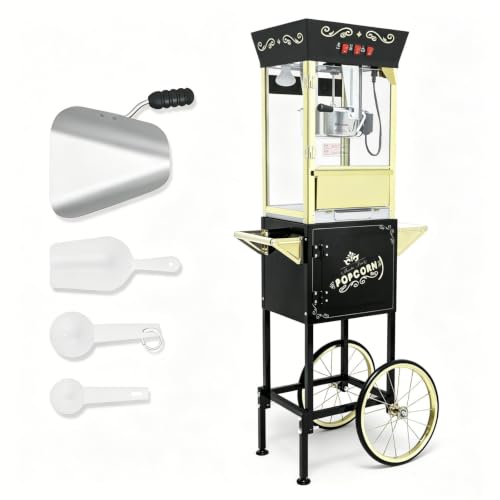 Image of Trygoal Popcorn Machine with Cart, 12 Oz Kettle, Vintage Popcorn Maker with Storage Cabinet, Scoop & 3-Switch Control, Movie Theater Style Popper for Party, Black