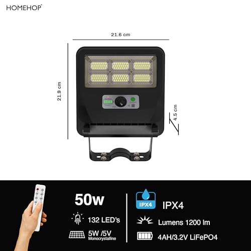 Image of Homehop Solar Light Outdoor Home Garden 50W Wireless Street Automatic Lamp | Solar Street Light Outdoor Waterproof LED Wall Motion Sensor Security for Balcony, Porch, Patio (4000mAh,Cool Light, ABS)