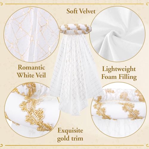 Koalswm Renaissance Padded Roll Hat with Veil Hair Accessory Medieval Headdress Headpiece (White)