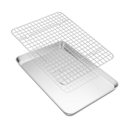 TEAMFAR Backblech mit Abkühlgitter, Edelstahl kuchenblech ofenblech, Rechteckig backform ofenblech mit auskühlgitter, 31,6 x 24,6 x 2,5cm, Gesund & Ungiftig, Hochglanzpoliert, Spülmaschinenfest