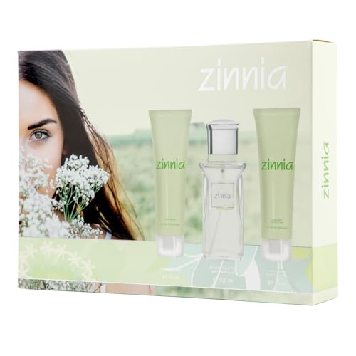 ZINNIA - Cologne Original 100 ml + Crème Mains 75 ml + Lait Corps 75 ml, Coffret Cadeau Femme, Eau de Toilette Féminine, Arôme Agrumes et Floral, Parfum Frais Longue Durée