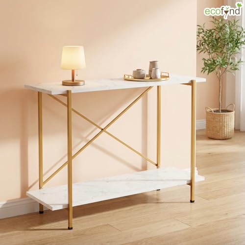 Image of ecofynd Elix Jr 35 Inch Console Table, Metal with Engineered Wooden top Long Narrow Hallway, Entryway, Living Room, Dining Room, Office, Home Side Table Storage Shelves, 35 inchX 9 inchX 28 inch (WHTGO, CT002)