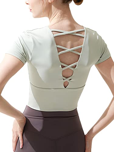 [VeroMan] ヨガ トップス 半袖 レディース カップ付き ショート丈 ウェア バレエ ppi-ssd17 (グリーン,S)