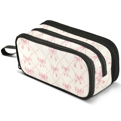 Image of ALAZA Pink Bow Rhombus Plaid Large Pencil Case, Pen Pouch Pencil Bag with 3 Compartments Pen Holder Organizer Stationery Bag