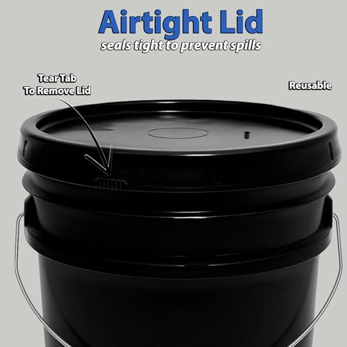 Image of MKS Plastics 5-Gallon Bucket with Airtight Lid - Made in USA, Food Grade BPA Free Plastic, Heavy Duty Multi-Use, Metal Handle with Grip, Stackable Storage - Black, 5 Pack