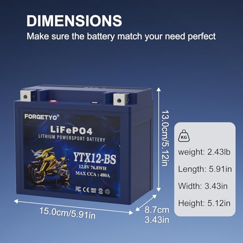 Image of Lithium YTX12-BS, Forgetyo 12V 6AH 480A LiFePO4 Motorcycle Battery, ATV, UTV, Jet Ski, 4 Wheeler,Snowmobile,Tractor and Generator Battery