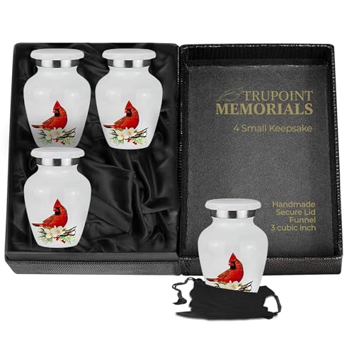 Trupoint Memorials Small Urns for Human Ashes Keepsake, Decorative Mini Cremation Urn for Adult Men & Women â€“ Set of 4, Red Cardinal