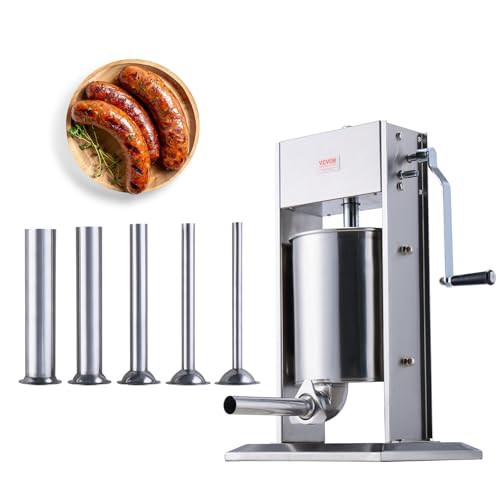 VEVOR Embutidora Manual de Salchichas Capacidad de 10 L Máquina de Salchichas Vertical de Acero Inoxidable con 5 Tubos de Relleno para Churros Salchichas para Restaurante Supermercado Cocina