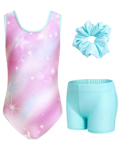 JiAmy Gymnastics Leotards for Girls Sparkly Dance Ballet Unitards Tumbling Biketards Outfit with Shorts Pink 8-9 Years