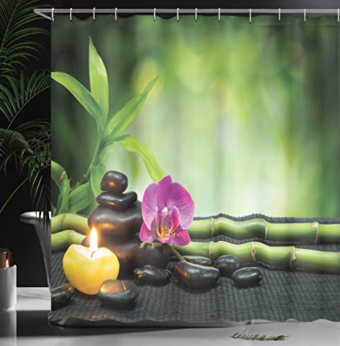 ABAKUHAUS Spa Shower Curtain, Orchid Bamboo Stems Chakra Stones Japanese Alternative Feng Shui Elements - Image 3