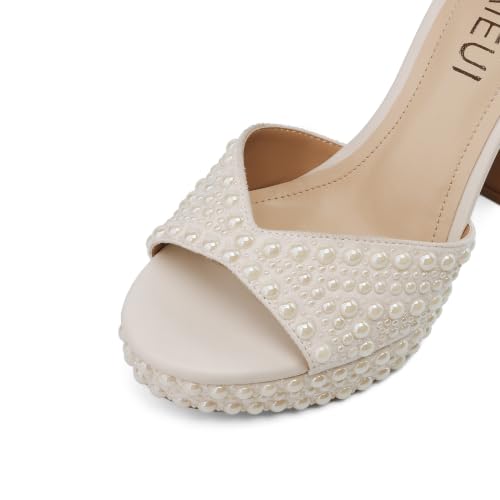 Image of TEAIEUI Pearl Platform Heels for Women, Peep Open Toe Block Heeled Sandals | 4.7 Inch Chunky High Heels, Wedding Shoes with Ankle Strap, Bridal Sandals, for Party, Prom, Evening