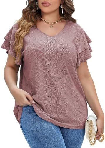IN'VOLAND Womens Plus Size T Shirt V Neck Loose Fit Ruffle Sleeve...