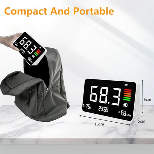 4-in-1 Dezibel Messgerät, DB Messgerät mit LED-Anzeige, Schallpegelmessgerät 30–130dB Lärm-, Zeit-, Temperatur- & Luftfeuchtigkeit Messgerät, Dezibelmessgerät für Zuhause Klassenzimmer Büro Bibliothek