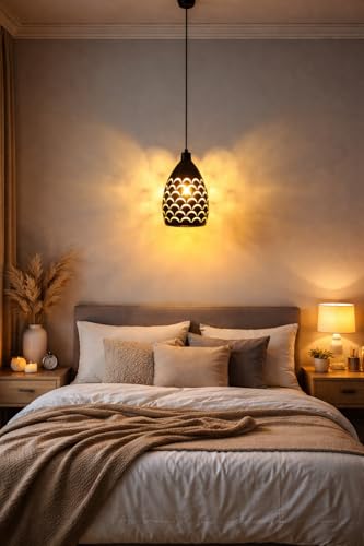 Image of Modern Black Cut Pattern Design Hanging Pendant Light with Height Adjustable Decorative Ceiling Lamp for Living Room, Bedroom, Dining Area, Cafe & Home Decor (Pack of 1)