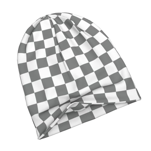 Grey Checkered Beanie Chemo Hats for Women Men Slouchy Cancer Headwear Stretchy Skull Cap Soft Knitted Hat Nightcap Chemo Gifts — view 2