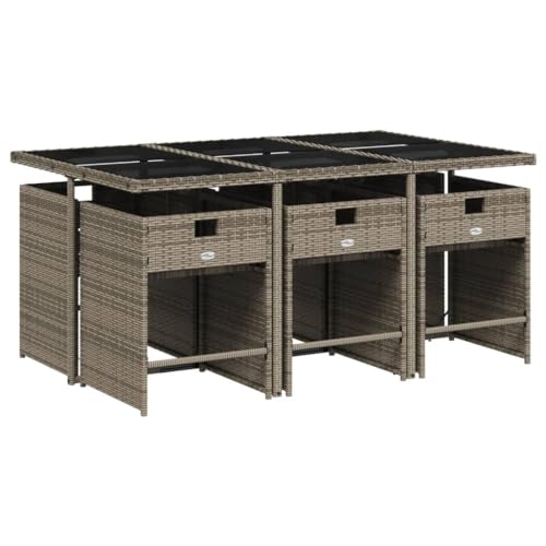 Image of 6-Piece Gray Poly Rattan Patio Dining Set with Tempered Glass Table and Foldable Chairs for Outdoor Entertaining, Weather-Resistant Furniture with Removable Cushions