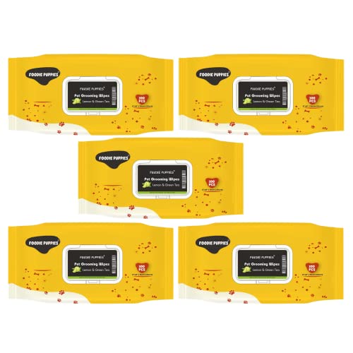 Foodie Puppies Anti-Bacterial 500pc Wet Pet Wipes for Dogs | Puppies | Cats | Kittens | Rabbit & Small Animals | (100 Wipes X 5 Pack), 15cm x 20cm | Fresh Lemon & Green Tea Scent | Dry Bathing, Daily Care, Paw Cleaner for Pets