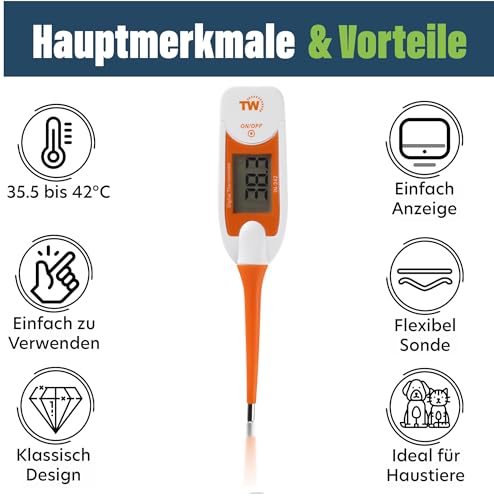 Premium Haustier-Thermometer für Tierbesitzer von Hunden, Katzen, Pferden, Flexible Digitale Temperatursonde inklusive Tierärztlichen Hobdays Chart