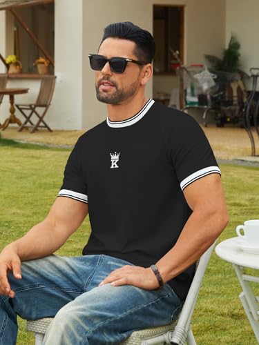 Hardaddy Men's Casual Letter Graphic Print Striped Trim Tee Tops Summer Short Sleeve Round Neck T-Shirt4