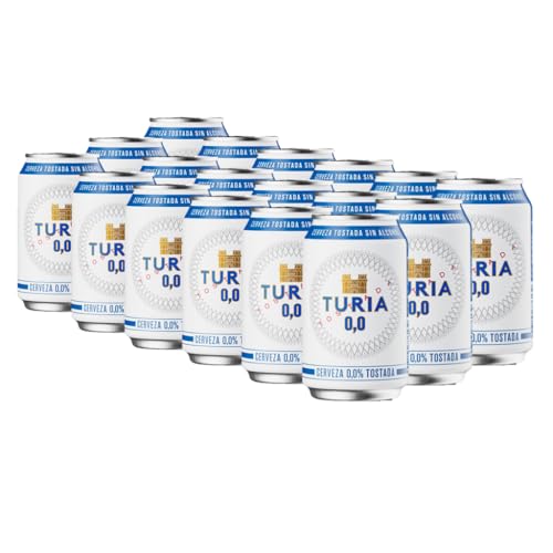 TURIA – Cerveza 0,0 Tostada Sin Alcohol | Pack 24 Latas 33cl | Malta Tostada de Sabor Intenso | Elaboración Tradicional Valenciana | Artesanal 0,0 con Aroma Suave y Final Equilibrado