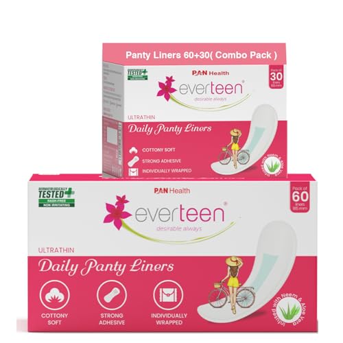 Image of everteen 90 Ultra Thin Panty Liners Combo for Women, 185mm, Buy 60 Liners Get 30 Panty Liners for Light flow days with Aloe Vera & Neem