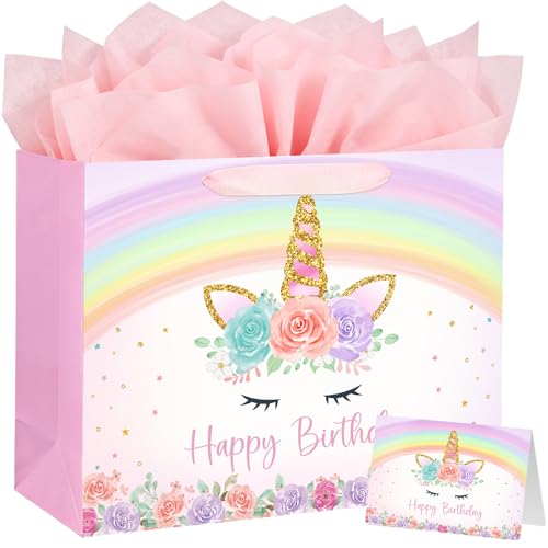 Yusenguan 16.5 Extra Large Unicorn Birthday Gift Bag with Greeting Card and Tissue Paper for Baby Girls and Kids Birthday Party
