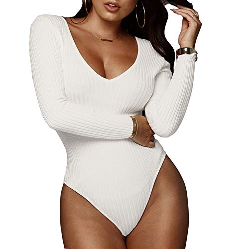 PALINDA Women's Deep V Neck Long Sleeve Bodysuit Ribbed Knit Stretchy Thong Bodysuit Tops (M, Pure White)
