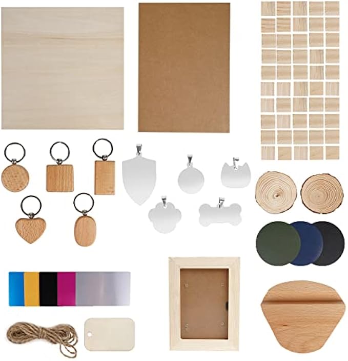 Twotrees Laser Engraving Material Box Set, 124 Pieces DIY Materials for Laser Engraver with Metal Business Cards Wooden Cube Plywood Dog Tag Frame Keychain Listing Leather Coasters