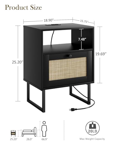 Image of Rattan Nightstand with Charging Station, Mid Century Modern Night Stand,Boho Farmhouse Wood Bedside Table with Storage and Open Shelf, End Side Accent Table for Bedroom,Living Room,Black