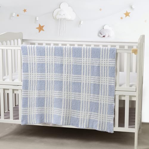 Image of CREVENT 30 inchX40 inch Cozy Soft Warm Knitted Baby Blanket for Girls Boys, Newborn Essentials for Infant, Baby Shower Receiving Gift - Line Checked Blue 75X100cm