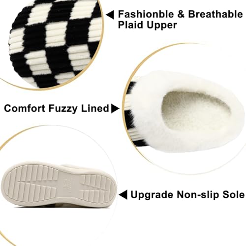 Image of Yueerlu House Slippers for Women Men, Fuzzy Checkered Mens Womens Slippers Warm Memory Foam House Shoes Indoor Outdoor with Faux Fur Lining