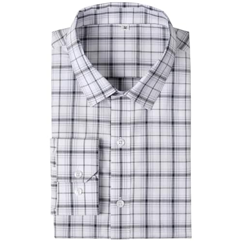 Mens Grade 4 Wrinkle-Resistant Plaid Button-Down Cotton Long Sleeve Regular Fit Gingham Dress Shirts X-Small C88_04_white and Black