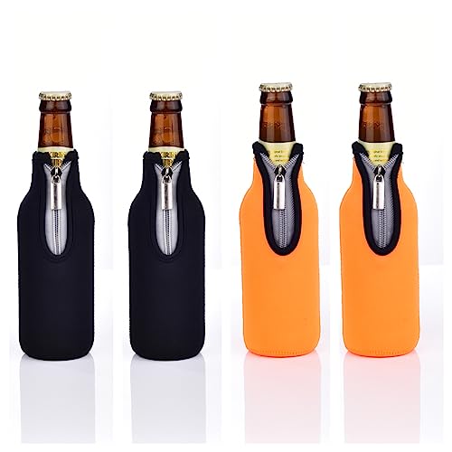 AF-WAN Funda para botellas de cerveza estándar de 330 ml, con cremallera, funda de neopreno engrosada antideslizante (4 unidades) (2 negros y 2 naranjas)