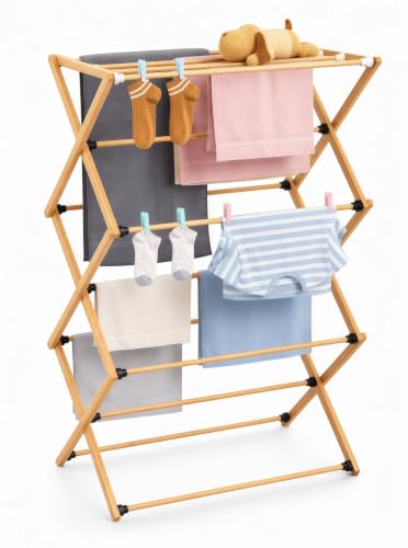 FJO Foldable Bamboo Clothes Drying Rack, 3-Tier Collapsible Laundry Clothes Hanger, Portable Wooden Drying Rack, Space Saving Indoor Outdoor, 28'' D x 15'' W x 39.3'' H, Beige