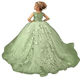 Ibpdea Lace Applique Tulle Flower Girl Dresses 3D Butterfly Toddler Prom Dress Round Neck Pageant Ball Gown Sage Size 8