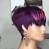 PangDongLai 10A Pixie Cut Wigs for Black Women Purple/pink Color Short Layered Pixie Haircut Wigs With Bangs Brazilian Virgin Human Hair for Women Glueless Full Machine Made