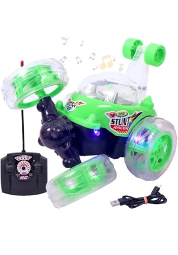 Image of Pink 360 Rotating Stunt Car Toy for Kids - LED Light Up Off-Road RC Vehicle with Flip & Spin Action, Rechargeable Electric Remote Control Car for Girls, Boys, Toddlers (RC 360 (Green))