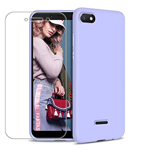 Funda Xiaomi Redmi 6A + Protector de Pantalla de Vidrio Templado, Carcasa Ultra Fino Suave Flexible Silicona Colores del Caramelo Protectora Caso Anti-rasguños Back Case - Morado Claro