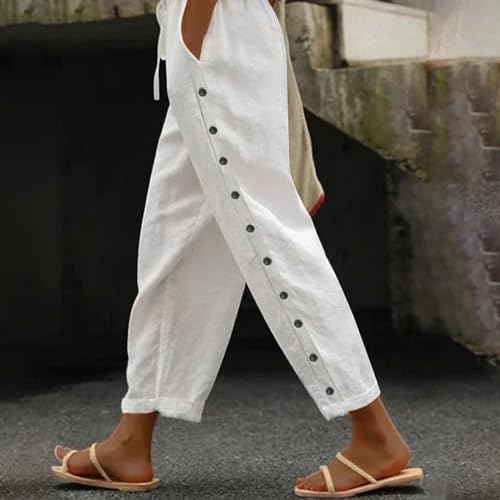 Women's Side Button Pants Versatile Nine Point Pants Casual Solid Elastic Waist Loose Baggy Trousers with Pockets2