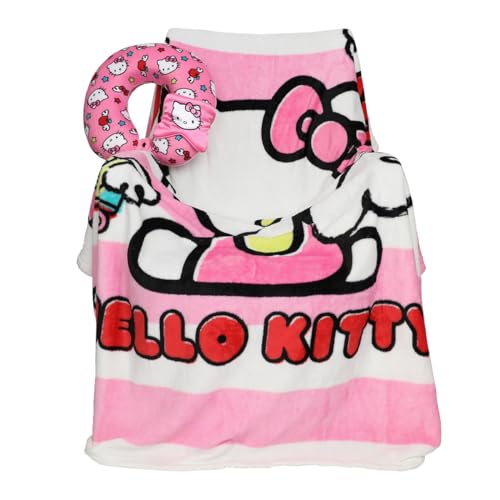 Bioworld Adult Hello Kitty Travel Set with Neck Pillow, Eye Mask, and Throw Blanket, Adorable Comfort for Hello Kitty Fans on the Go!