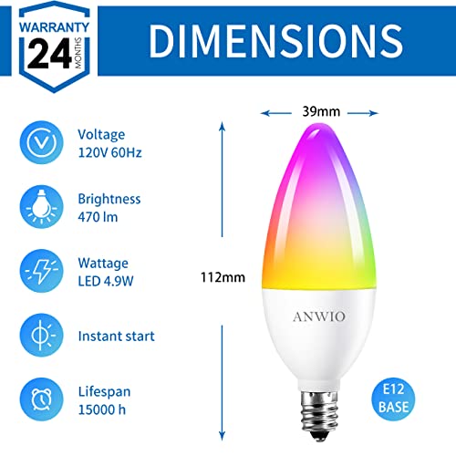 Anwio Br30 4-Pack Smart Light Bulbs 8.5W (60W Replacement), B11 Smart Candelabra Led Bulb E12 Base, Work With Alexa, Google Assistant, Smart Life App, Tuya App, Color Changing, No Hub Required #TOP1