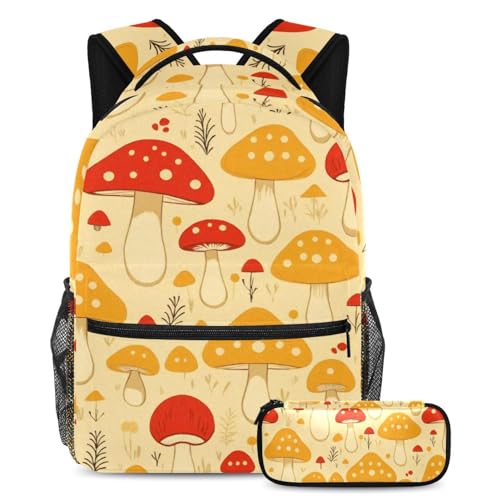 Sac à dos motif champignon avec trousse ensemble scolaire multicolore de grande capacité