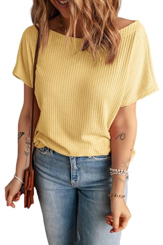 KINLONSAIR Women's Waffle Short Sleeve T Shirt Casual Loose Boat Neck Summer Tee Tops