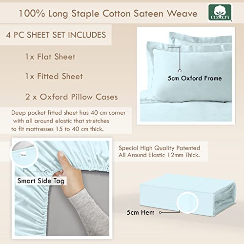 Pizuna 100% Cotton Double Bed Sheet Set Baby Blue, 400 Thead Count Long Staple Cotton Bedding Set 230x280 cm - Image 3