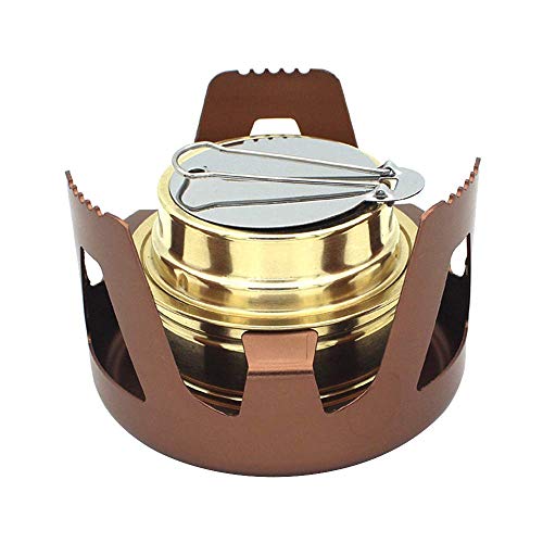 XIAOSA Mini estufa de alcohol, quemador ligero de latón con soporte de aluminio para camping, senderismo, utensilios de cocina, cocina al aire libre (marrón)
