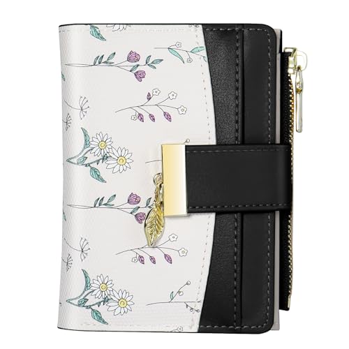 Image of Avando Wallets for Women- RFID Blocking- Soft PU Leather Bifold Coin Zipper Pocket Purse-Small flower wallet Credit Card Holder with ID Window (Black)