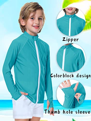 Girl Spf 50+ Rash Guard Shirt Boy Kid Sun Protection Long Sleeve Zip Swim Shirt With Thumb Holes Aqua Blue 7-8Y #TOP1