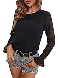 SheIn Damen Bluse Lässig Oberteil Rundkragen Chiffonbluse Casual Langarmshirt mit Volant Ärmel Schwarz M